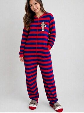 NICK & NORA Blue Red Striped Fleece Sock Monkey‎ Footie Onesie Pajamas Women's L
